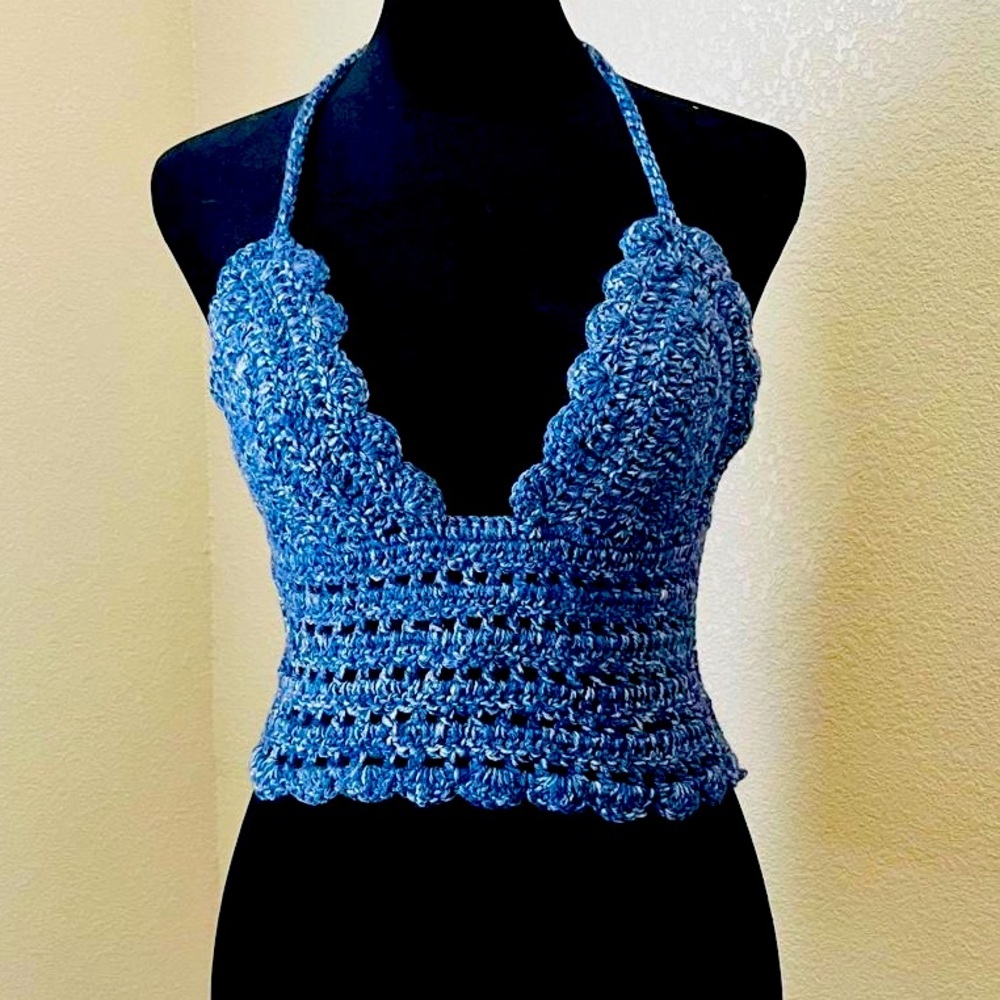 Aurora’s Handmade Knitting Original Design Top Large Denim color Summer, Beach